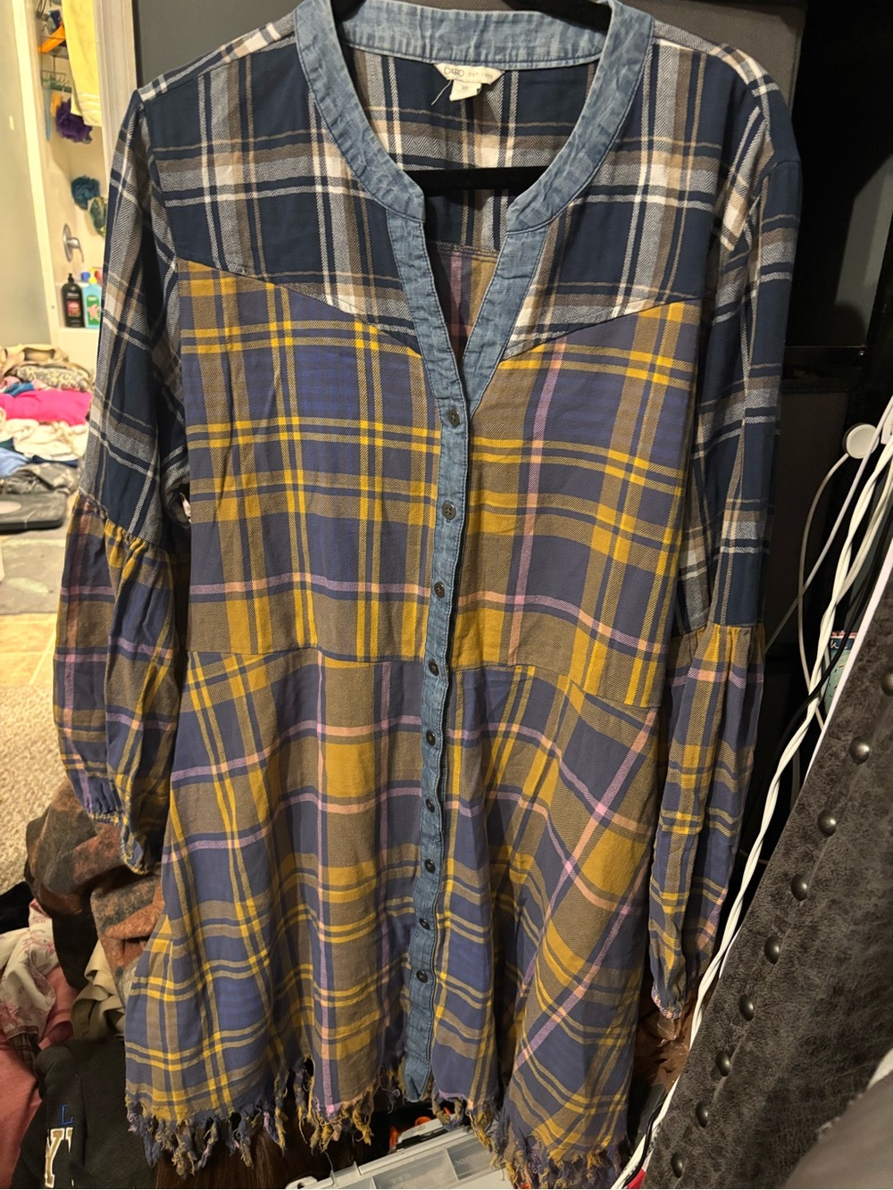 Cato Plaid Button-Front Dress in Navy, Mustard & Blue XL